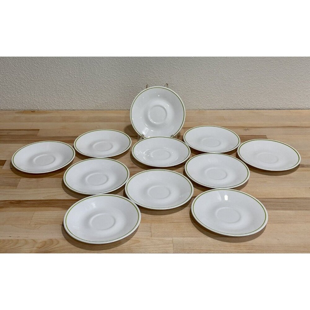 Vintage Corelle By Corning White Green Trim Teacup Saucer Plates 6.25" Lot Of 11